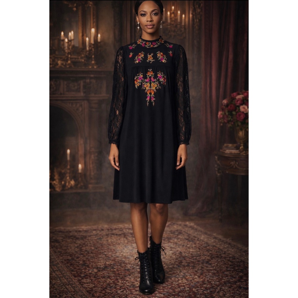 Cupid‎ Black Embroidered Boho Lace Dress Romantic Victorian Vintage Style L